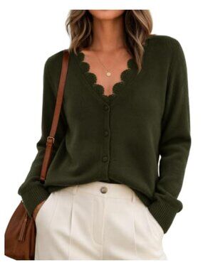 Lace V-Neck Cardigan - Soft Knit Long Sleeve Women's Lightweight Sweater